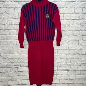 Vintage Plain Jane Sweater Dress Magenta Pink Blue Stripe Size M Crest Mock